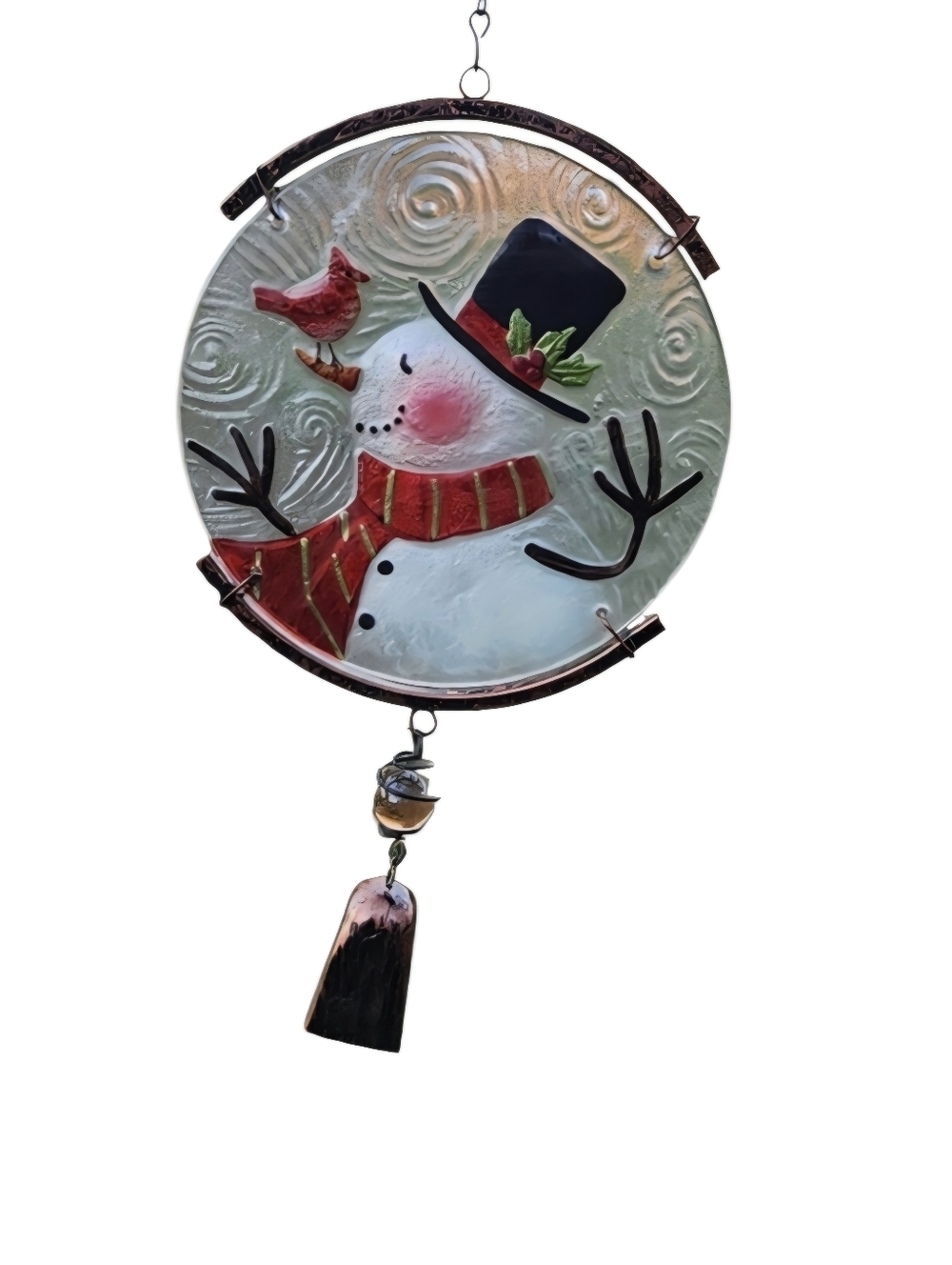 New Joyful Snowman w/Cardinal on glass‎ coppered metal framing and bell.